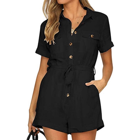 ClodeEU Women's Solid Color V Neck Short Sleeve Button Romper ,Casual Jumpsuit Shorts for Spring Summer Black,Womens Plus XL