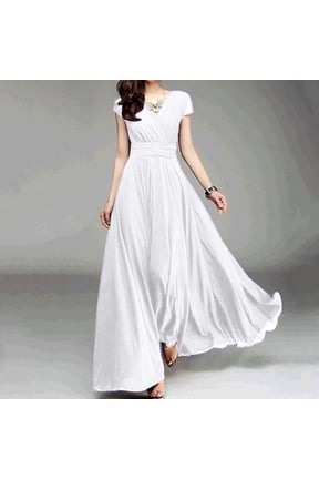 U Women's Solid Color V Neck Short Sleeve Tunic Chiffon Dress, Fashion Casual Summer Flowy Maxi Dress White,Womens Plus S