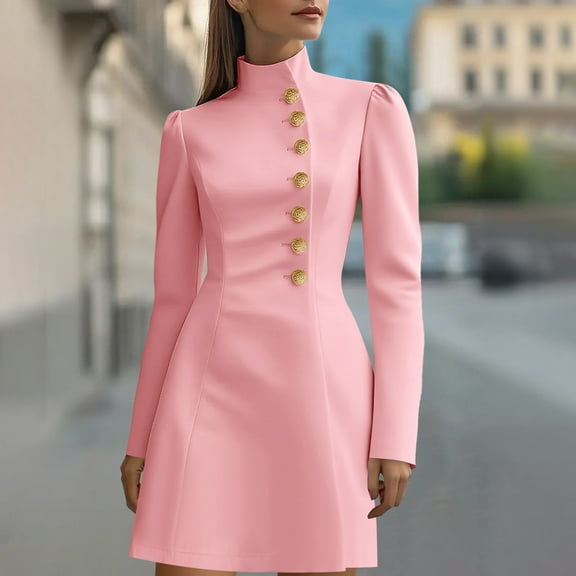 ClodeEU Women's Solid Stand Collar Shirt Tunic Dress ,Elegant Work Formal Party Mini Dresses Pink,Womens Plus L