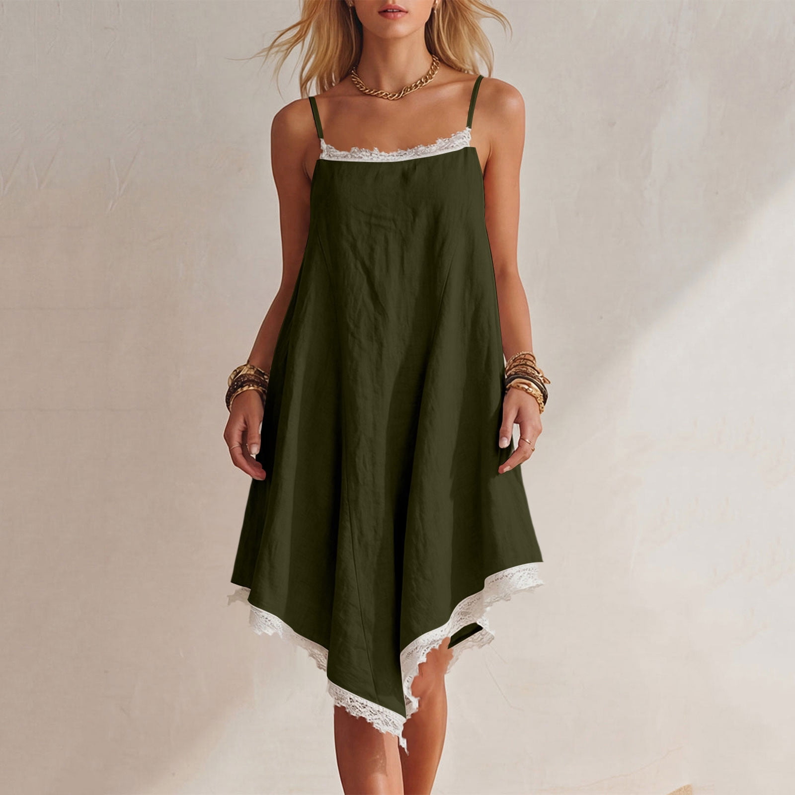 ClodeEU Women's Spaghetti Strap Asymmetrical Hem Midi Dress,Casual Loose Fit Flowy Dress Army Green,Women's Plus XXL
