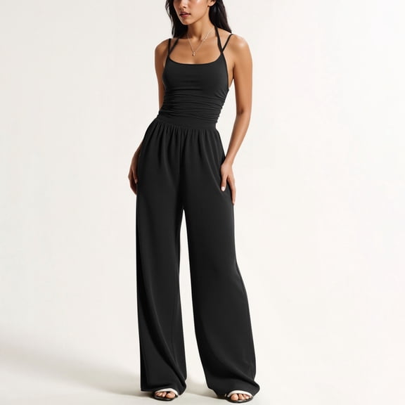 ClodeEU Women's Spaghetti Strap Cinched Waist Wide Leg Jumpsuit ,Casual Fashion Long Romper Black,Womens Plus XL