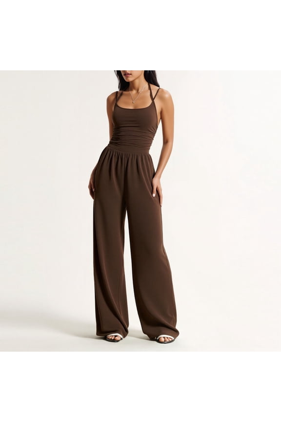 Women's Spaghetti Strap Cinched Waist Wide Leg Jumpsuit ,Casual Fashion Long Romper Brown,Womens Plus M