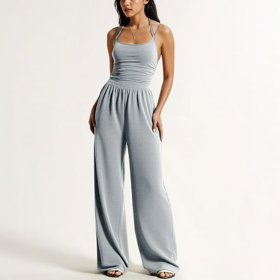 ClodeEU Women's Spaghetti Strap Cinched Waist Wide Leg Jumpsuit ,Casual Fashion Long Romper Gray,Womens Plus M