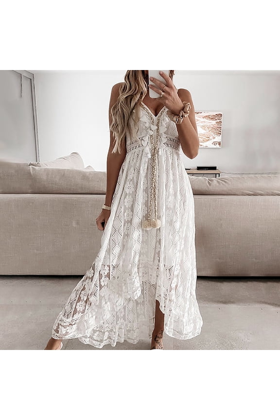 Women's Spaghetti Strap Lace Maxi Dress,Boho A-Line Flowy Asymmetrical Sundress White,Women's Plus M