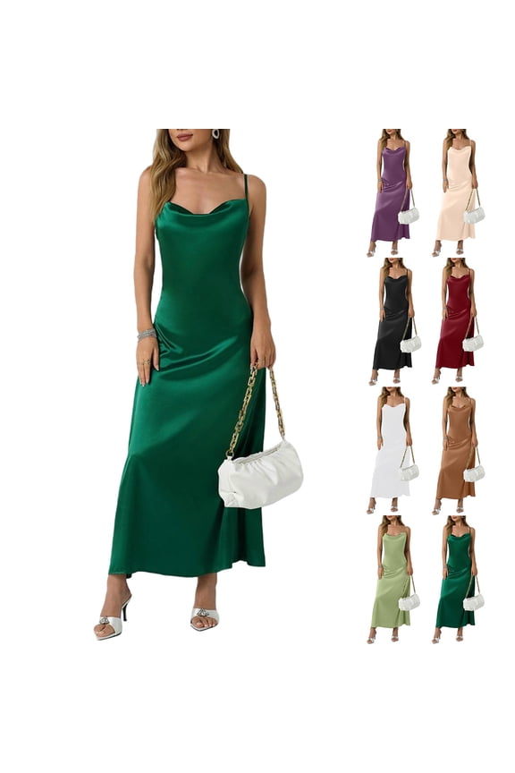 U Women's Spaghetti Strap Midi Satin Silk Dresses ,Elegant Long Slip for Evening Party Wedding Guest Cocktail Khaki,Womens Plus XS