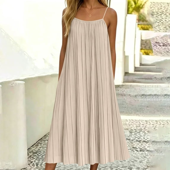 ClodeEU Women's Spaghetti Strap Pleated Midi Dress,Casual Loose Fit Flowy Summer Sundress Beige,Women's Plus XXL
