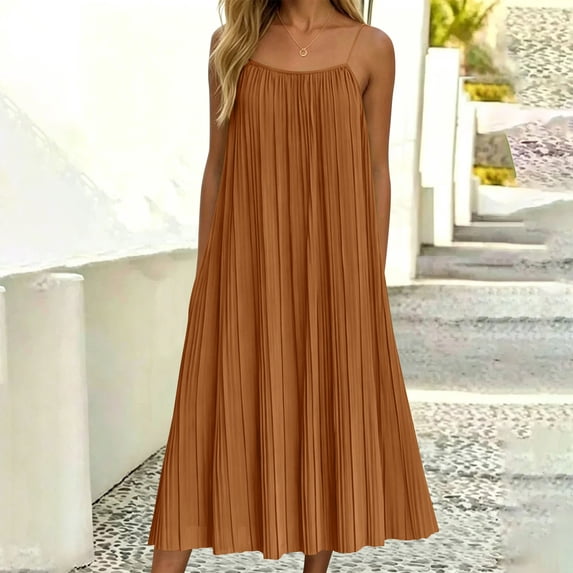 ClodeEU Women's Spaghetti Strap Pleated Midi Dress,Casual Loose Fit Flowy Summer Sundress Orange,Women's Plus M