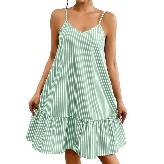 ClodeEU Women's Spaghetti Strap V Neck Ruffle Hem Swing Dress,Casual Flowy Summer Sundress Green,Women's Plus L