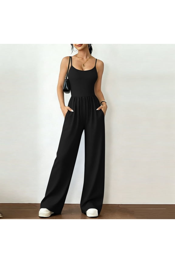 Women's Spaghetti Strap Wide Leg Jumpsuit,Elegant Casual Long Romper Black,Women's Plus S