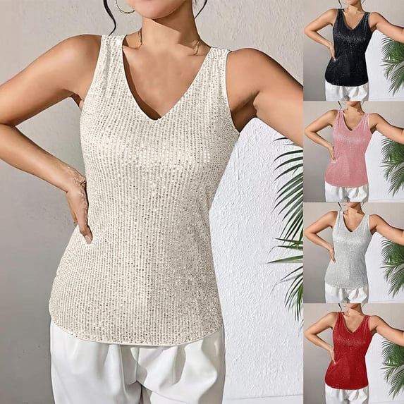 ClodeEU Women's Sparkly Sequin V Neck Tank Tops ,Sleeveless Glitter Night Out Top White,Womens Plus XXL