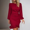 thumbnail image 1 of ClodeEU Women's Spring Fall Ruched Bodycon Mini Dress,Long Puff Sleeve Ruffle Fitted Party Dresses Red,Womens Plus M, 1 of 6