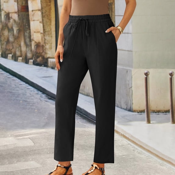 ClodeEU Women's Spring Linen Blend Drawstring Straight Leg Cropped Pants,Solid Color Casual Trousers Black,Womens Plus XXXXXL