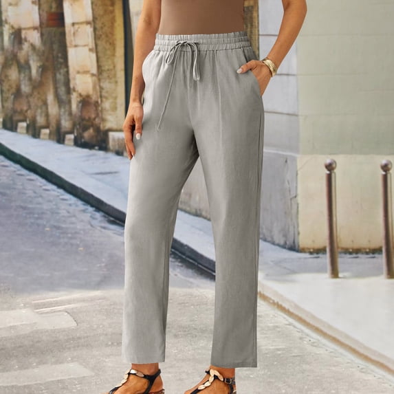 ClodeEU Women's Spring Linen Blend Drawstring Straight Leg Cropped Pants,Solid Color Casual Trousers Gray,Womens Plus XL
