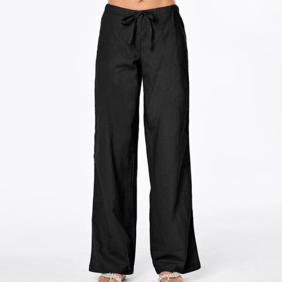 ClodeEU Women's Spring Linen Blend Elastic Waist Wide Leg Pants,Casual Loose Straight Trousers Black,Womens Plus L