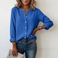 thumbnail image 1 of ClodeEU Women's Spring Summer Linen Blend V Neck Long Sleeve Button Blouse Blue,Womens Plus XL, 1 of 8