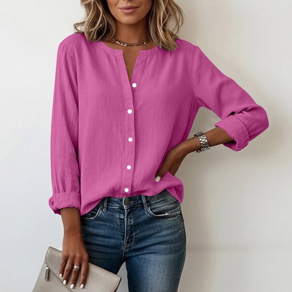 ClodeEU Women's Spring Summer Linen Blend V Neck Long Sleeve Button Blouse Hot Pink,Womens Plus XL