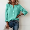 thumbnail image 1 of ClodeEU Women's Spring Summer Linen Blend V Neck Long Sleeve Button Blouse Mint Green,Womens Plus L, 1 of 8
