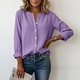 thumbnail image 1 of ClodeEU Women's Spring Summer Linen Blend V Neck Long Sleeve Button Blouse Purple,Womens Plus L, 1 of 8