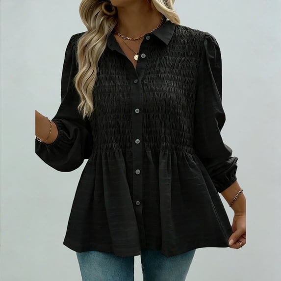ClodeEU Women's Spring Summer Smocked Shirt,Solid Color Long Sleeve Button Down Casual Cover Up Black,Womens Plus XXXXL