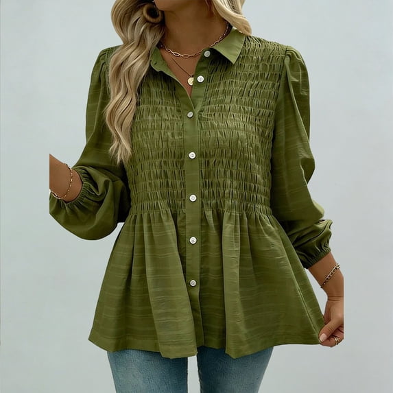 ClodeEU Women's Spring Summer Smocked Shirt,Solid Color Long Sleeve Button Down Casual Cover Up Green,Womens Plus XXXXL