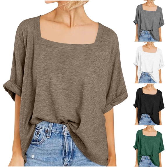 ClodeEU Women's Square Neck Cuffed Short Sleeve T-Shirt, Casual Loose Solid Color Tee Black,Women's Plus L