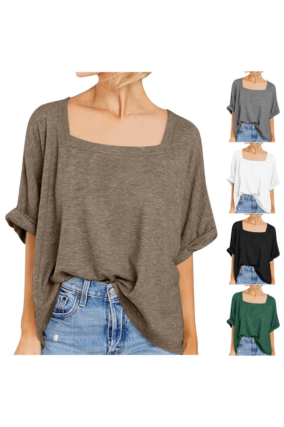 Women's Square Neck Cuffed Short Sleeve T-Shirt, Casual Loose Solid Color Tee Khaki,Women's Plus S