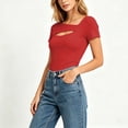 thumbnail image 1 of ClodeEU Women's Square Neck Cutout Short Sleeve T-Shirt,Casual Solid Color Slim Fit Blouse Red,Women's Plus S, 1 of 7