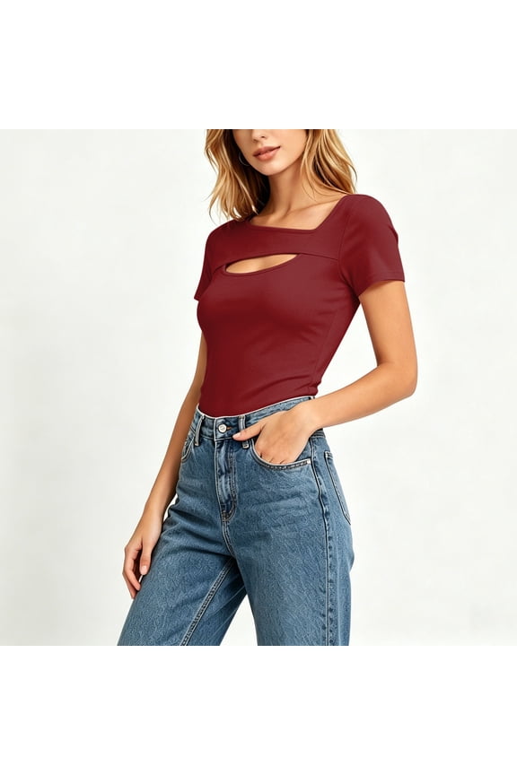 Women's Square Neck Cutout Short Sleeve T-Shirt,Casual Solid Color Slim Fit Blouse Wine,Women's Plus L