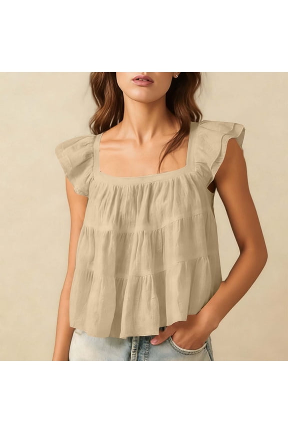 Women's Square Neck Flutter Sleeve Top ,Spring Summer Casual Linen Blend Blouse Beige,Womens Plus L