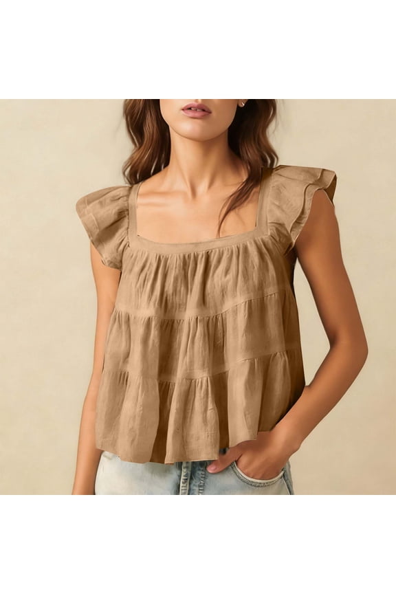 Women's Square Neck Flutter Sleeve Top ,Spring Summer Casual Linen Blend Blouse Khaki,Womens Plus XL