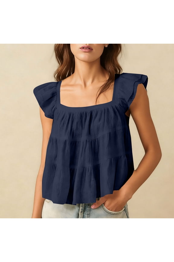 Women's Square Neck Flutter Sleeve Top ,Spring Summer Casual Linen Blend Blouse Navy,Womens Plus S