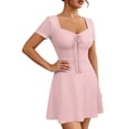 thumbnail image 1 of ClodeEU Women's Square Neck Front Tie Short Sleeve Mini Dress,Casual Slim Waist Flared A Line Sundress Pink,Women's Plus S, 1 of 6