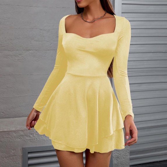 ClodeEU Women's Square Neck Long Sleeve Fit Mini Dress with Tiered Ruffled Hem Yellow,Womens Plus M