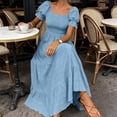 thumbnail image 1 of ClodeEU Women's Square Neck Puff Short Sleeve Smocked High Waist Tiered Ruffle Maxi Dress,Summer Flowy Casual Textured Dress Sky Blue,Women's Plus XXL, 1 of 7