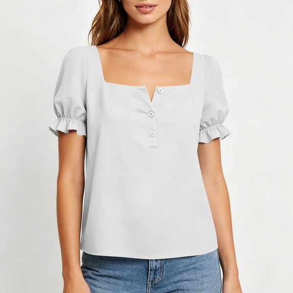 ClodeEU Women's Square Neck Puff Sleeve Button Blouse,Casual Short Sleeve Top for Summer White,Women's Plus M