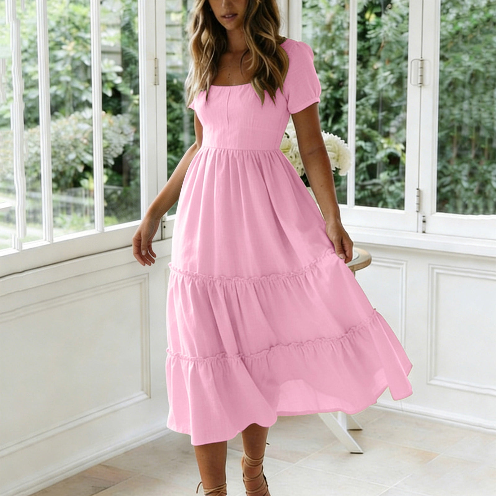 pink midi dress a line ClodeEU Women's Square Neck Puff Sleeve Tiered Dress,Casual Flowy A-Line Swing Sundress Pink,Women's Plus S Color:Custom Color (For Free) The Savannah Strappy Maxi this pink beauty has Long Sleeve