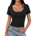 thumbnail image 1 of ClodeEU Women's Square Neck Short Sleeve Crop Tee, Casual Solid Color Slim Fit Ribbed T-Shirt Black,Women's Plus L, 1 of 5