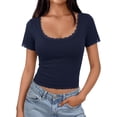 thumbnail image 1 of ClodeEU Women's Square Neck Short Sleeve Crop Tee, Casual Solid Color Slim Fit Ribbed T-Shirt Navy,Women's Plus XL, 1 of 5