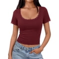 thumbnail image 1 of ClodeEU Women's Square Neck Short Sleeve Crop Tee, Casual Solid Color Slim Fit Ribbed T-Shirt Wine,Women's Plus M, 1 of 5