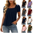 thumbnail image 1 of ClodeEU Women's Square Neck Short Sleeve Pleated Blouse,Casual Loose Fit Solid Top Army Green,Women's Plus L, 1 of 9