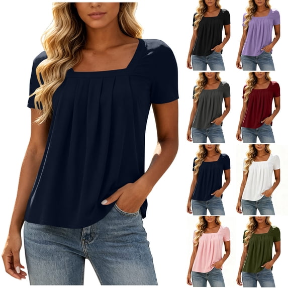 ClodeEU Women's Square Neck Short Sleeve Pleated Blouse,Casual Loose Fit Solid Top Army Green,Women's Plus L