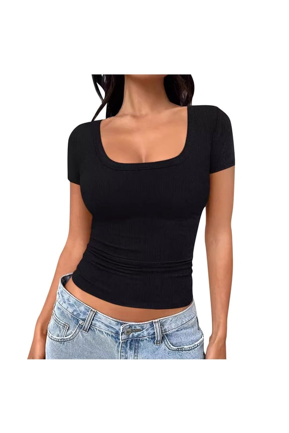 Women's Square Neck Short Sleeve T-Shirt,Casual Slim Fit Basic Tee Black,Women's Plus XL