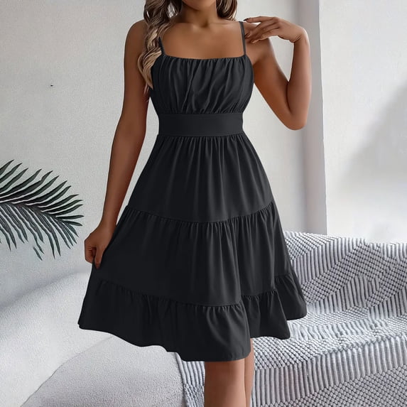 ClodeEU Women's Square Neck Spaghetti Strap Backless Dress with Shirred Tiered Ruffle , Solid Color Sleeveless Midi Dress Black,Womens Plus L