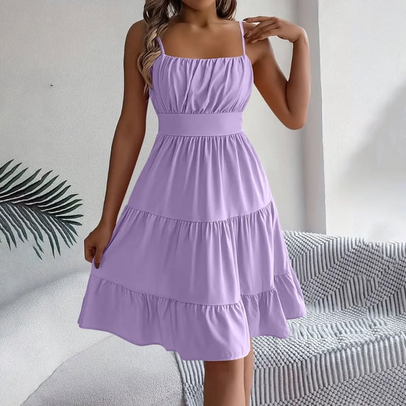 ClodeEU Women's Square Neck Spaghetti Strap Backless Dress with Shirred Tiered Ruffle , Solid Color Sleeveless Midi Dress Purple,Womens Plus M
