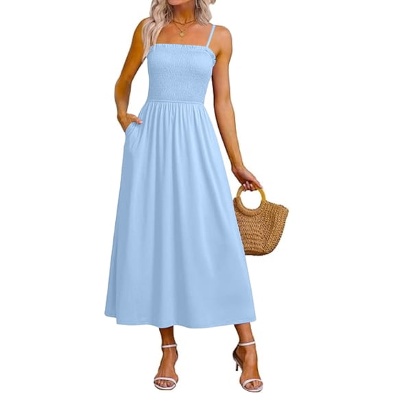 ClodeEU Women's Square Neck Spaghetti Strap Midi Dress,Casual A Line Flowy Dress with Pockets Light Blue,Women's Plus L