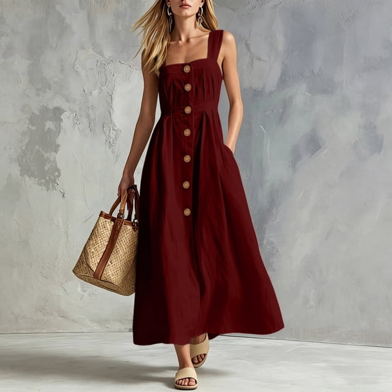 ClodeEU Women's Square Neck Spaghetti Strap Midi Dress,Casual Button Front A Line Dress with Pockets Wine,Women's Plus L