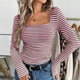 thumbnail image 1 of ClodeEU Women's Square Neck Striped Ribbed Long Sleeve Tops,Casual Slim Fitted Pullover Shirts ,Women's Plus L, 1 of 8