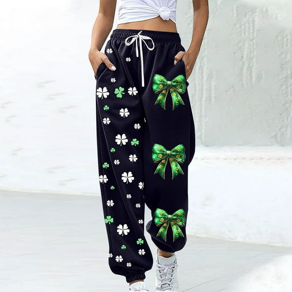 ClodeEU Women's St. Patrick's Day Print Elastic Waist Drawstring Joggers With Pockets,Casual Loose Pant Black,Womens Plus L