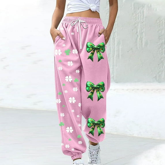 ClodeEU Women's St. Patrick's Day Print Elastic Waist Drawstring Joggers With Pockets,Casual Loose Pant Pink,Womens Plus XXL
