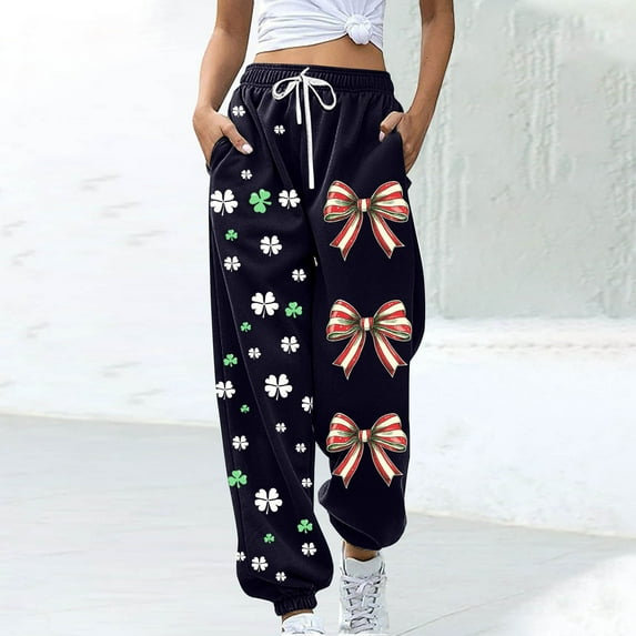 ClodeEU Women's St. Patrick's Day Print Jogger Pants with Elastic Waist, Drawstring ,Pockets A-Black,Womens Plus L